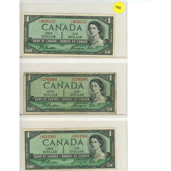 Sheet of 3 1954 Canadian One Dollar Bills