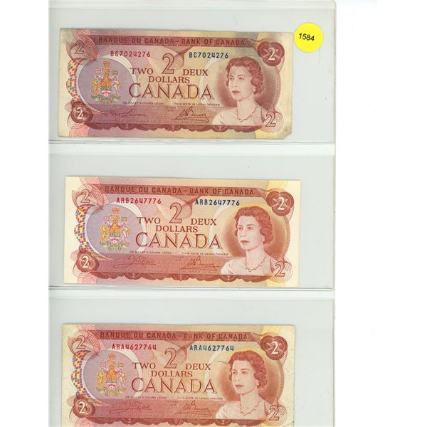 Sheet of 3 1974 Canadian Two Dollar Bills