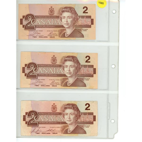 Sheet of 3 1986 Canadian Two Dollar Bills