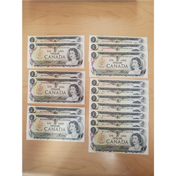 Sheet of 16 1973 Canadian One Dollar Bills in Sequences