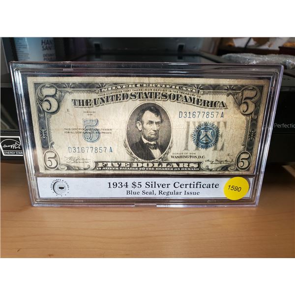 1934 encased US Five Dollar Silver Certificate