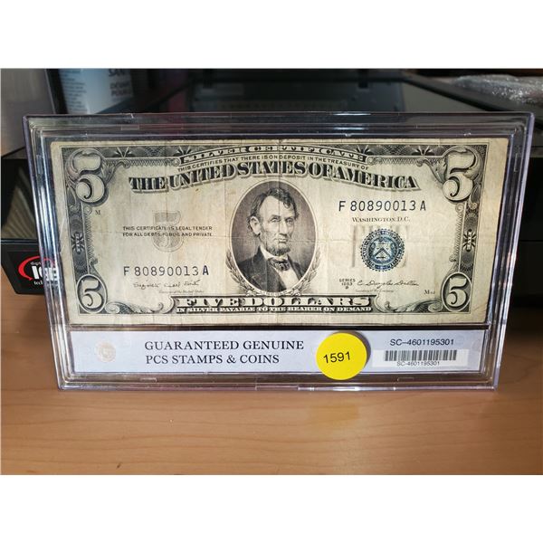 1953 encased US Five Dollar Silver Certificate