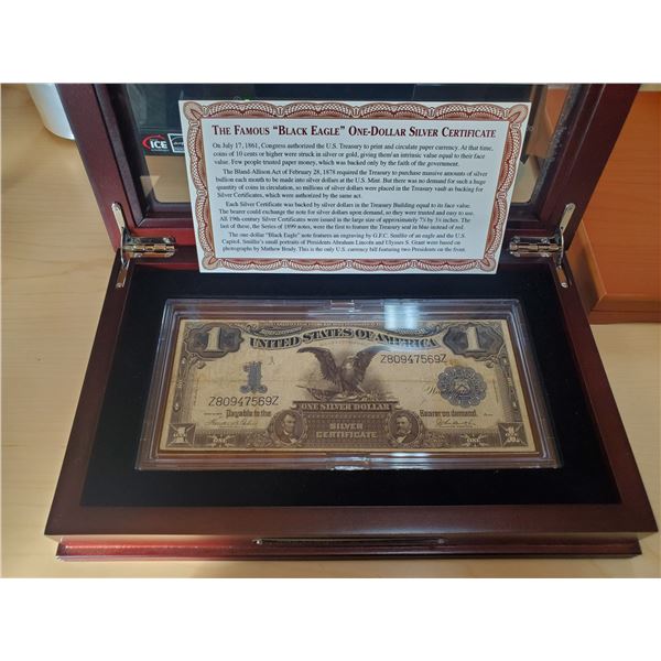 1899 US One Dollar Silver Certificate Black Eagle in Mahogany Case