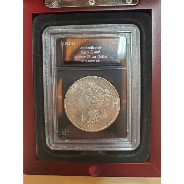 1921D US Morgan Silver Dollar in Mahogany Display Case