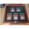 Image 2 : 1922,23,24,25,26,28 Set of San Francisco Mint Peace Silver Dollars in Mahogany Case