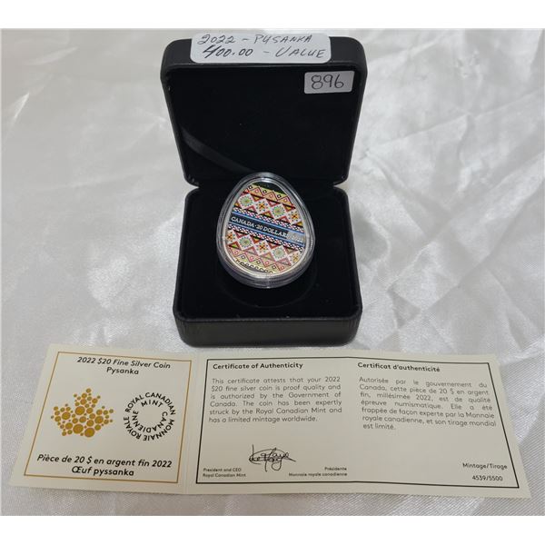 WOW! 2022 fine silver $20 Psyanka RCM coin with C.O.A. in case - this coin has a retail value of ove