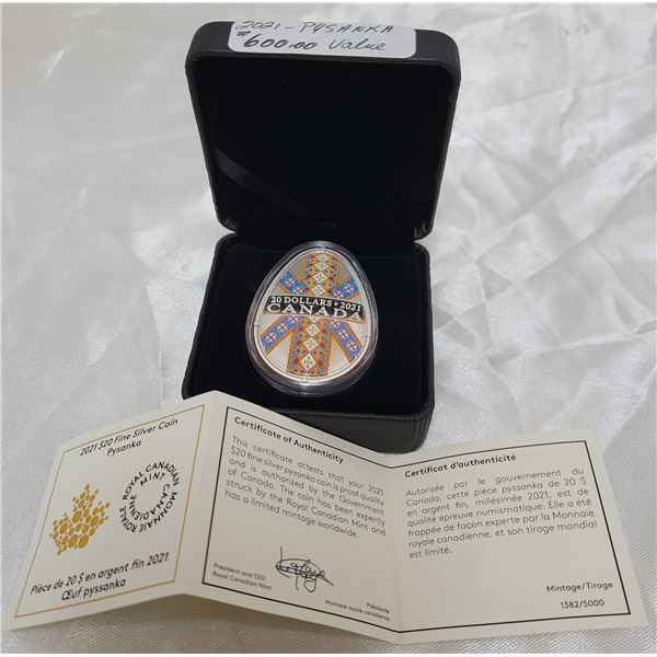 WOW! 2021 fine silver $20 Psyanka RCM coin with C.O.A. in case - this coin has a retail value of ove