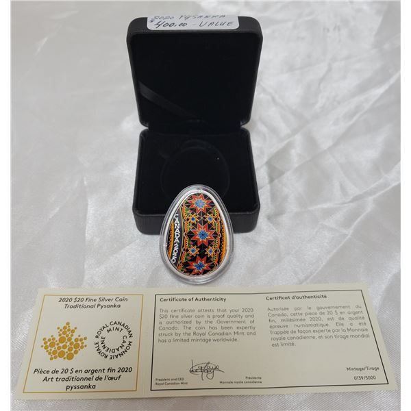 WOW! 2020 fine silver $20 Psyanka RCM coin with C.O.A. in case - this coin has a retail value of ove