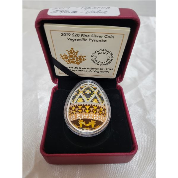 WOW! 2019 fine silver $20 Psyanka RCM coin with C.O.A. in case - this coin has a retail value of ove