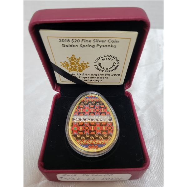 WOW! 2018 fine silver $20 Psyanka RCM coin with C.O.A. in case - this coin has a retail value of ove