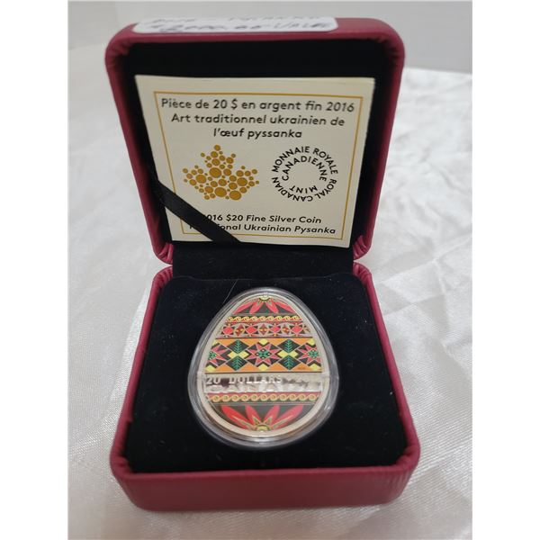 WOW! 2016 fine silver $20 Psyanka RCM coin with C.O.A. in case - this coin has a retail value of ove