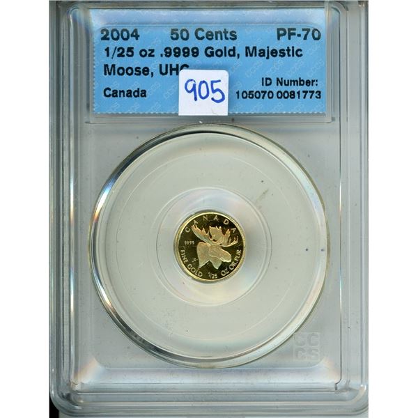 2004 1/25 oz .9999 gold, Majestic Moose, Ulta Heavy Cameo CCCS PF-70