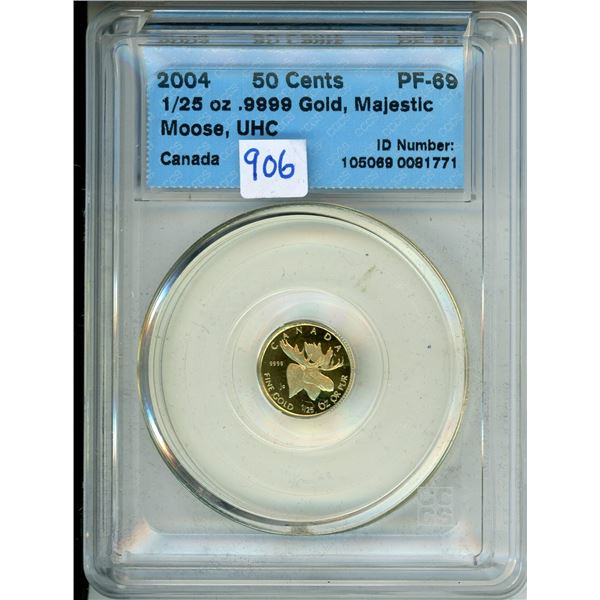 2004 1/25 oz .9999 gold, Majestic Moose, Ulta Heavy Cameo CCCS PF-69