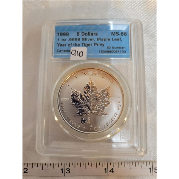 1998 1 oz .9999 fine silver Maple Leaf 5 dollar coin MS-66 'Year of the Tiger Privy'