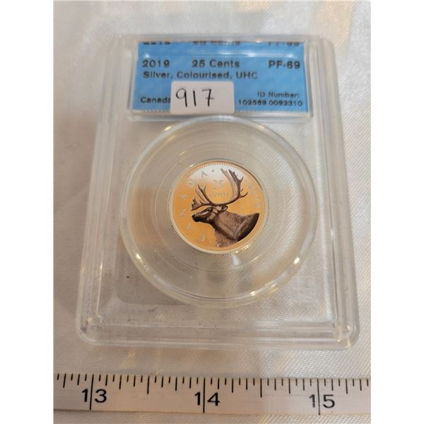 2019 fine silver 25 cent 25¢ Canada quarter, colourised, UHC - PF-69