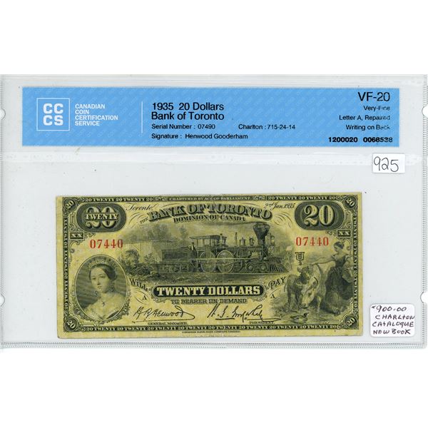 1935 Bank of Toronto $20.00 bill CCCS VF-20
