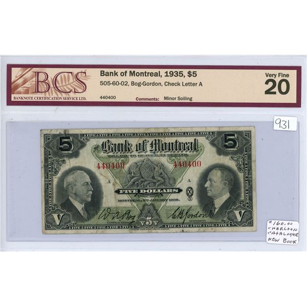 1935 Bank of Monreal $5.00 bill - BCS very fine 20