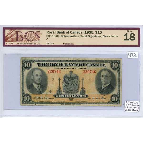 1935 Royal Bank of Canada $10.00 bill - BCS fine 18