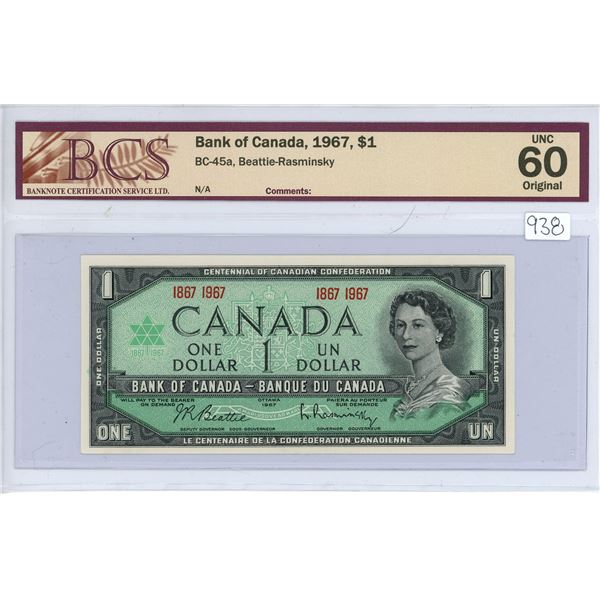 1967 Bank of Canada $1.00 one dollar bill - BCS UNC 60