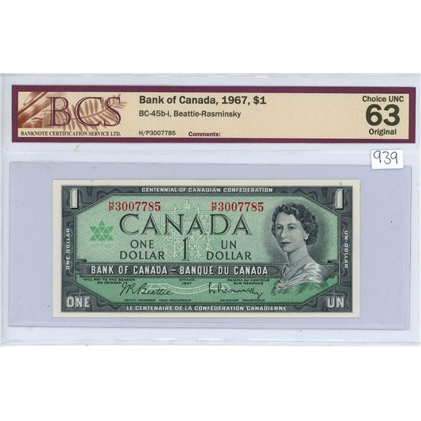 1967 Bank of Canada $1.00 one dollar bill - BCS Choice UNC 63 Original