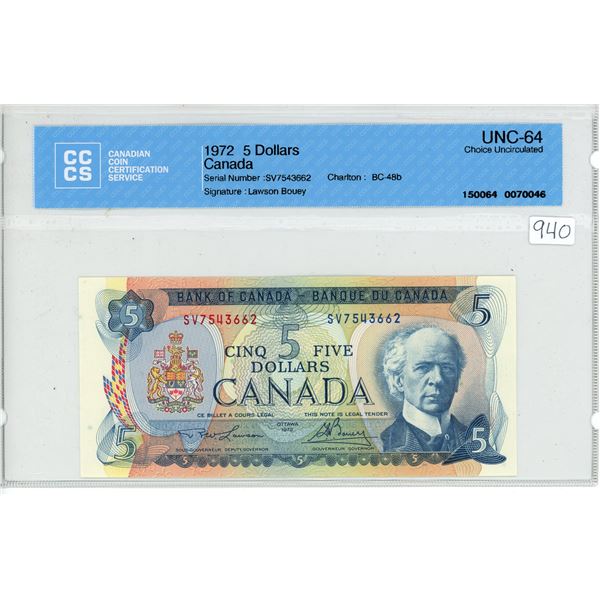 1972 Canada $5.00 five dollar bill CCCS UNC-64 choice uncirculated