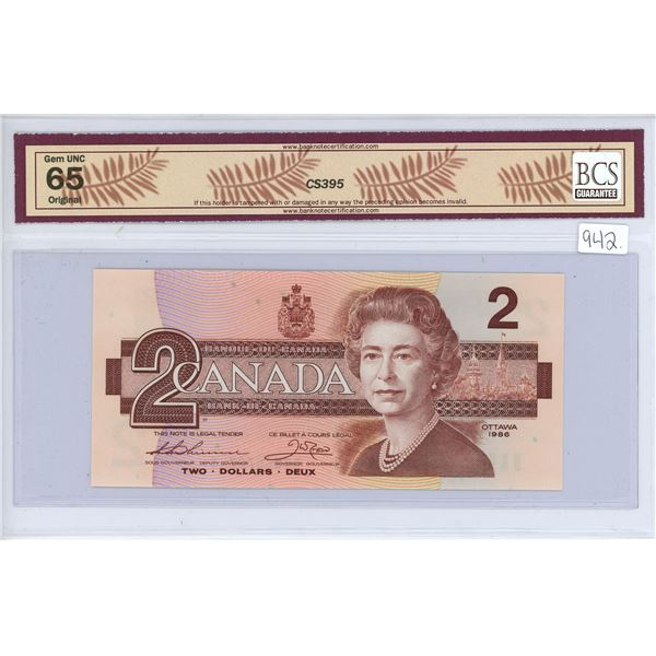 1986 Bank of Canada $2.00 two dollar bill - BCS Gem UNC 65