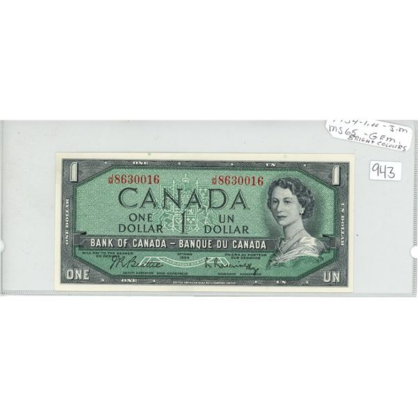 1954 Canada $1.00 one dollar bill - J/M prefix, MS65 Gem bright colors