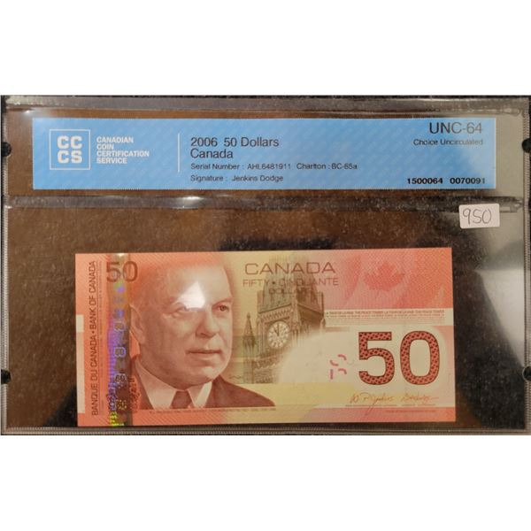 2006 Canada $50.00 fifty dollar bill - CCCS UNC-64 choice uncirculated