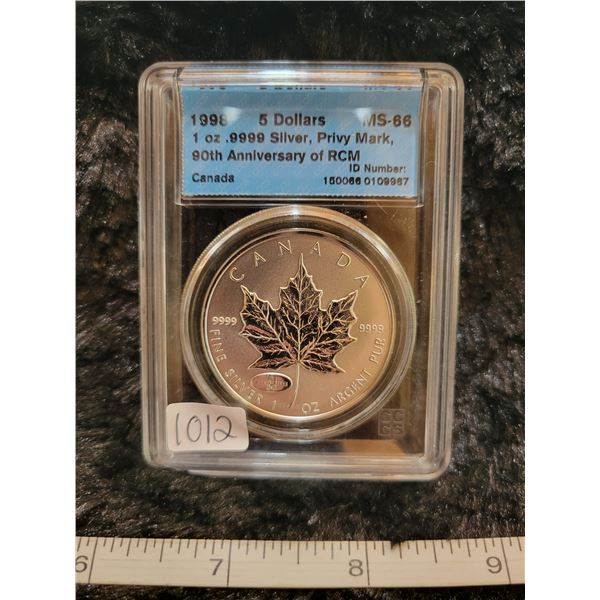 1998 Canada $5.00 five dollars 1 oz .9999 Silver, Privy Mark, 90th anniversary of RCM CCCS MS-66