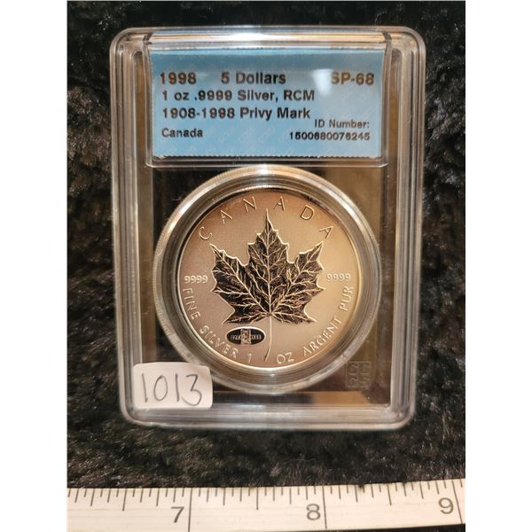 1998 fine silver $5.00 five dollar coin 1 oz .9999 Silver, RCM CCCS SP-68