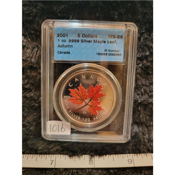 2001 5 dollars 1 oz .9999 fine silver 'Maple Leaf Autumn' CCCS MS-66