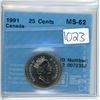 Image 1 : 1991 Canada 25 cents 25¢ CCCS MS-62