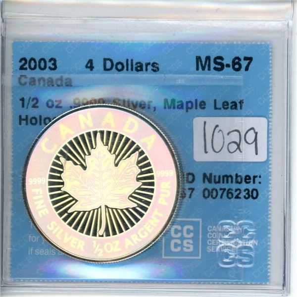 2003 Canada 4 dollars 1/2 oz .9999 Silver, Meple Leaf, Holographic CCCS MS-67