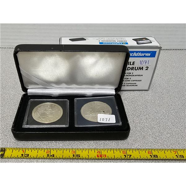 2 Silver Dollar 1973 RCMP & 1981 T.C.R.R in Nobile Quadrum UNC 2 Case & Outer Cover