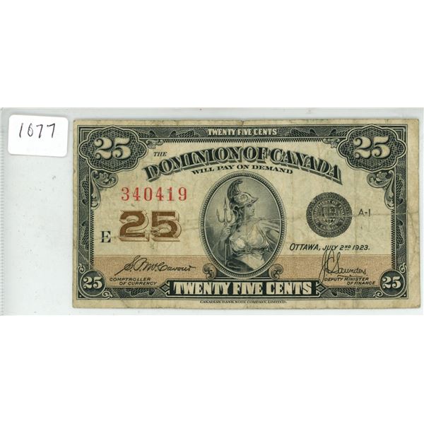1923 Dom. Of Canada 25¢ Bill - Shinplaster