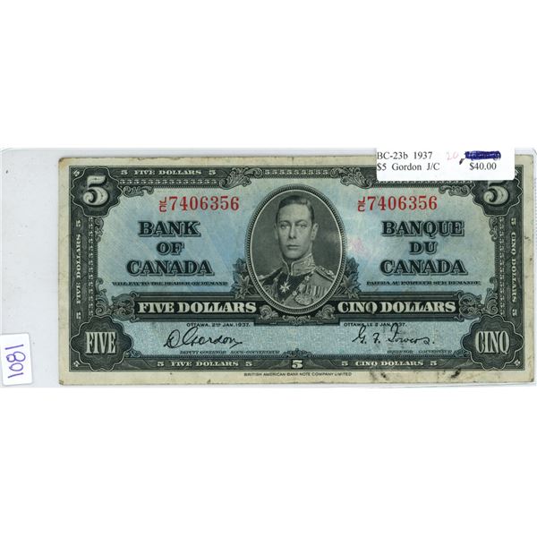 1937 K.G $5 Bill