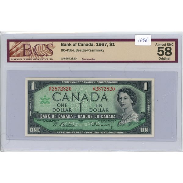 1967 Bank of Canada $1 BCS Graded AU58 w/serial#