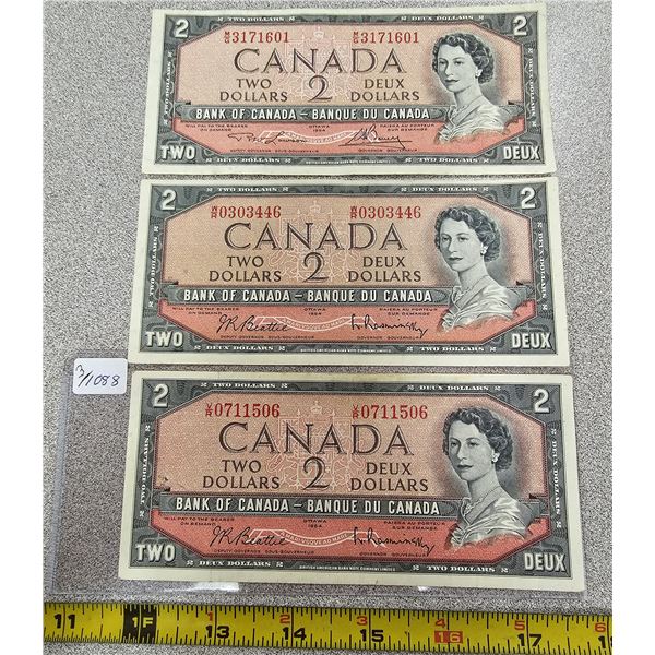 3 - 1954 $2 Bank Of Canada Bills UNC