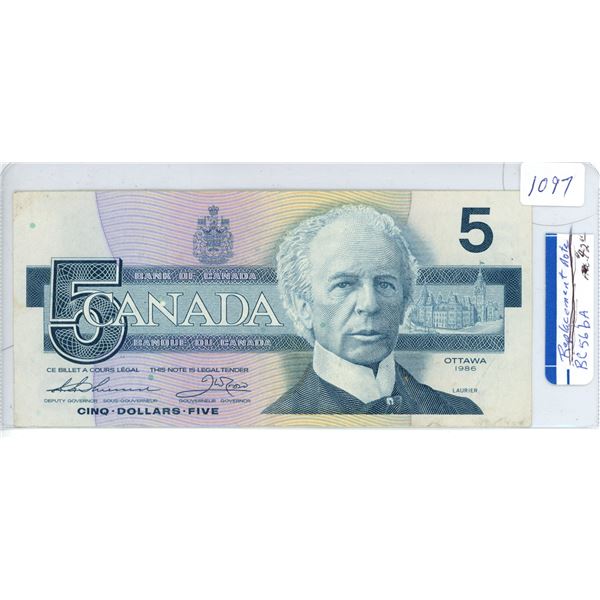 1 - 1986 $5 Bill UNC Replacement