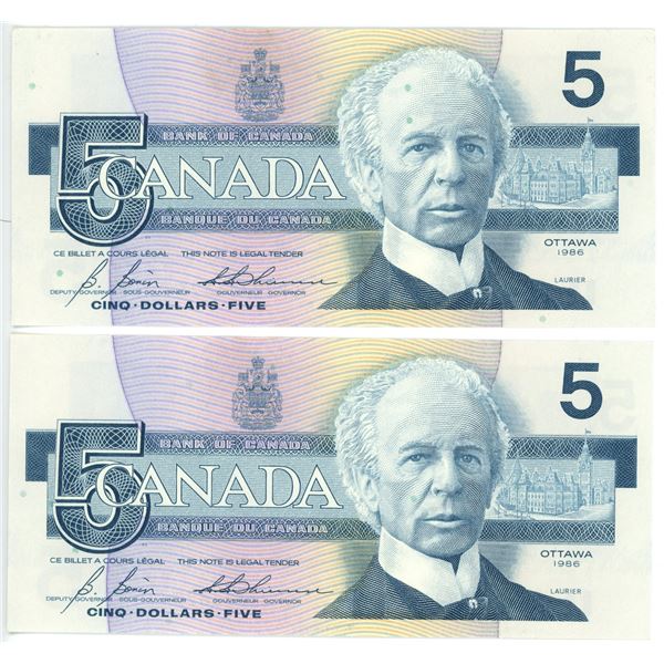 2- 1986 $5 Bill UNC Sequence numbered