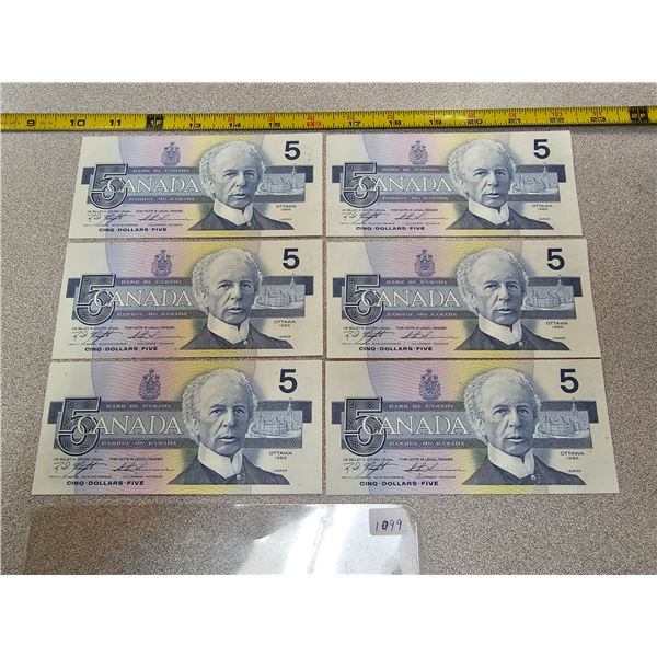 Six 1986 $5 Bill UNC Sequence numbered