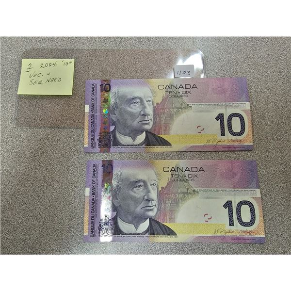 2 - 2004 $10 Bill UNC Sequence Numbered