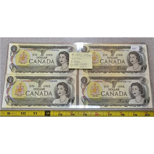 4 - 1973 $1 Bills  All UNC - 2pairs of Consecutive numbers