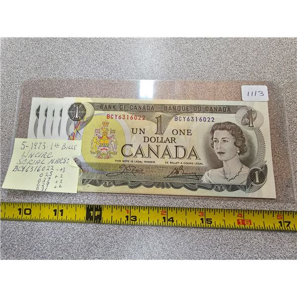 5 - 1973 $1 Bills All UNC Closely sequenced numbers