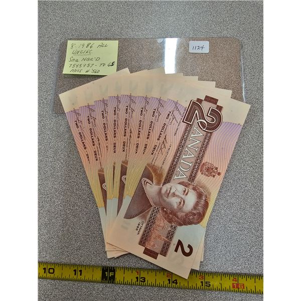 8 - 1986 $2 Bill UNC Sequence Numbers missing 1