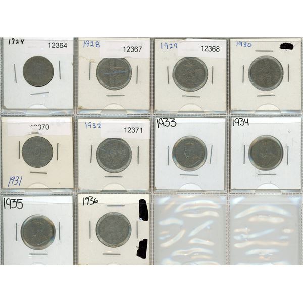 Page of Canadian Five Cent Coins 1924-1936