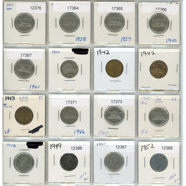 Page of Canadian Five Cent Coins 1937-1952