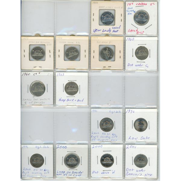 Page of Canadian Five Cent Coins 1954-2001