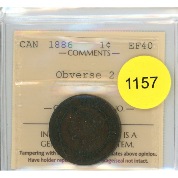 1886 Obv 2 EF40 ICCS Graded Canadian Large Cent Coin