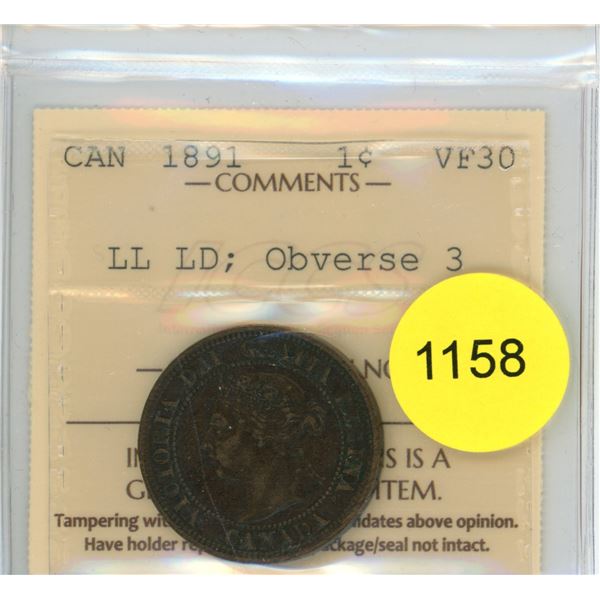 1891 LL LD Obv 3 VF30 ICCS Graded Canadian Large Cent Coin